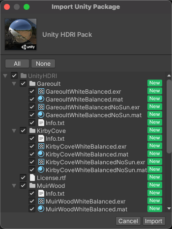 New install Import Unity Package dialog