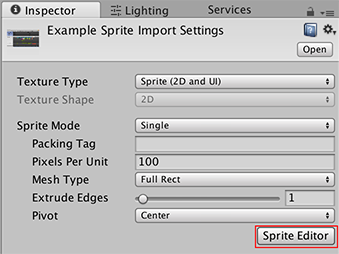 스프라이트 인스펙터 창. Sprite Editor 버튼이 빨간색 박스에 강조 표시됩니다. 스프라이트 임포트 설정의 모든 프로퍼티에 대한 정보는 스프라이트 문서를 참조하십시오.