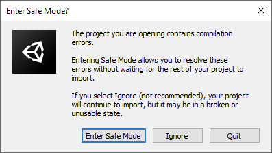 컴파일 오류가 있는 프로젝트를 열면 Enter Safe Mode? 다이얼로그가 안전 모드를 시작할지 물어봅니다