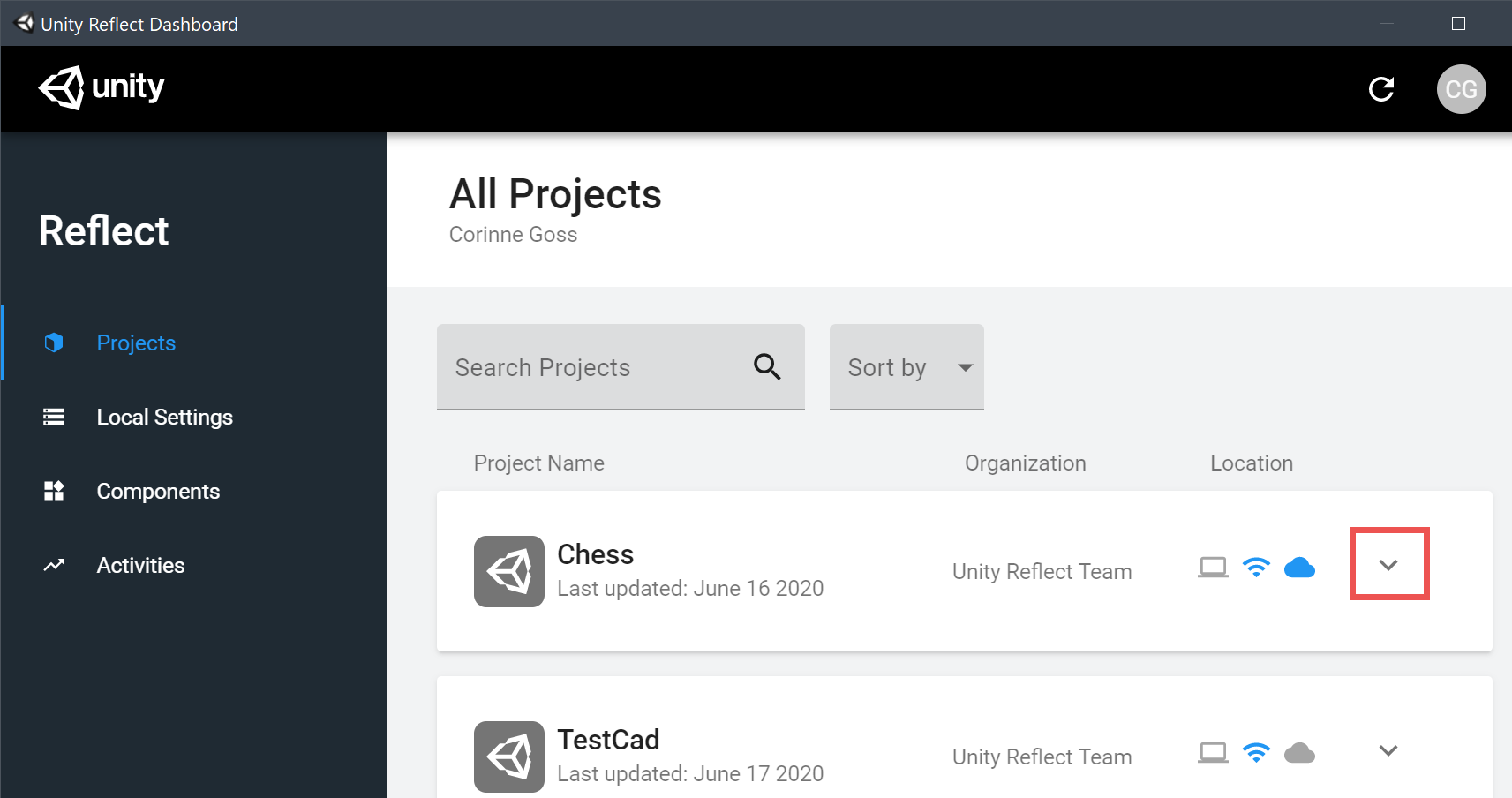 Unity Reflect dashboard