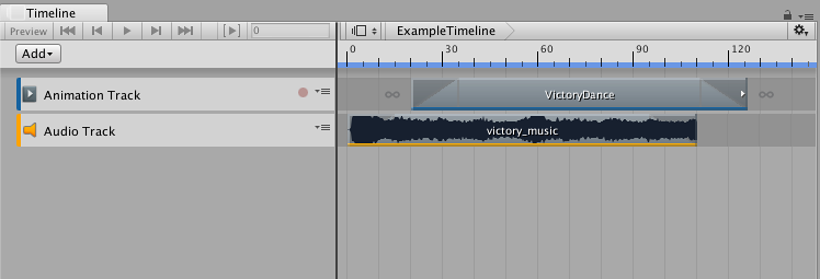 Timeline Asset selected in the Project window shows its tracks and clips but with no track bindings, Timeline Playback Controls, or Timeline Playhead