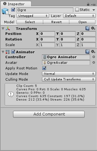 The Override Controller in use on a Game Object, in the Animator Component