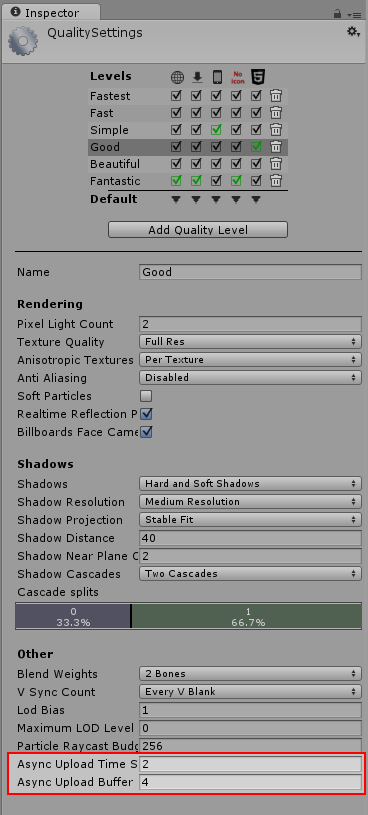 The Async Upload settings in the Quality Settings panel