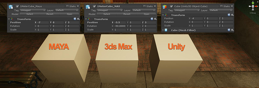 Scale comparison using cubes imported from Maya and 3ds Max, and a cube created in Unity