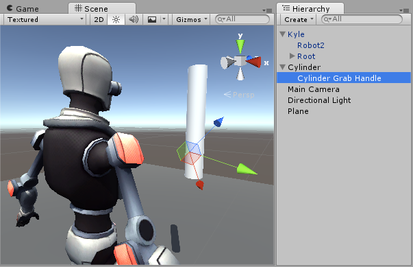 An empty Game Object acts as the IK target, so the hand will sit correctly on the visible Cylinder object