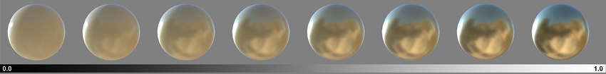 A range of metallic values from 0 to 1 (with smoothness at a constant 0.8 for all samples)