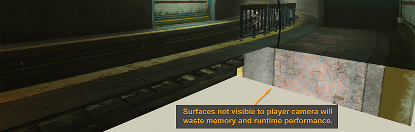 Scene highlighting unnecessary visible surfaces