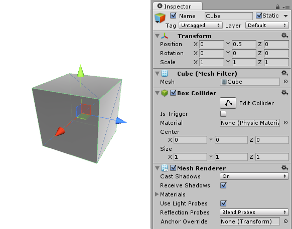 A simple Cube GameObject with several Components