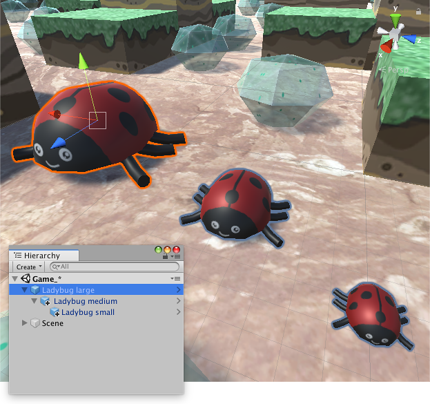 Selecting a GameObject (the large ladybug) outlines it in orange, and outlines its child GameObjects (the smaller ladybugs) in blue.