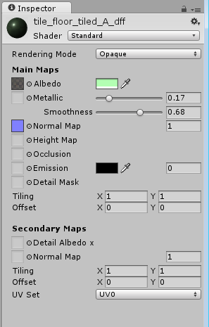 The Inspector window displaying the settings for a Material Asset
