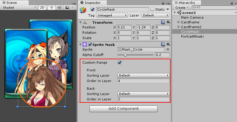 A Sprite Mask with a Custom Range setting ensures the mask will affect only Sprites in the specified Sorting Layer or Order in Layer range