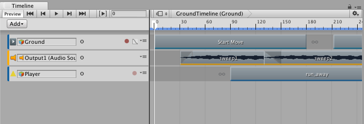 Selecting a GameObject associated with a Timeline Asset displays its tracks, its clips, and the bindings from the TImeline instance