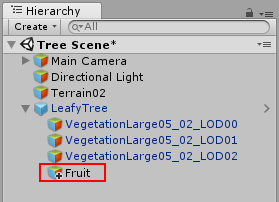 The Hierarchy window showing a Prefab instance with a child GameObject called Fruit added as an override.