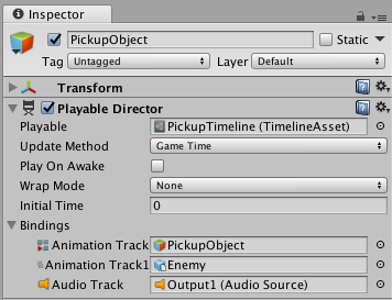 Playable Director component added to the GameObject named PickupObject. The GameObject is associated with the PickupTimeline Timeline Asset.