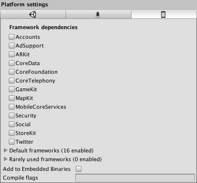 iOS plugin settings, showing Framework dependencies