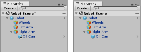 Left: An Oil Can Prefab added to an instance of the Robot Prefab as an override. Right: The Oil Can Prefab has been applied to Robot Prefab, and is now a nested Prefab in the Robot Prefab Asset.