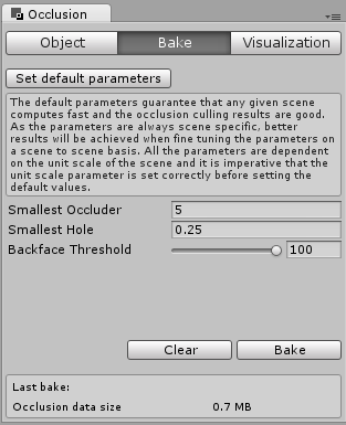 Occlusion culling inspector bake tab.