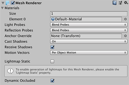 The Mesh Renderer component as it appears in the Inspector window with Receive Global Illumination set to Light Probes.