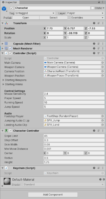 The Inspector window displaying settings for a GameObject with several custom scripts attached. The scripts’ public properties are available to edit