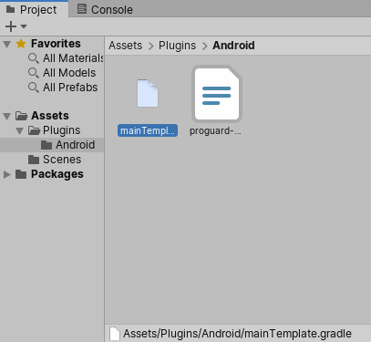 mainTemplate.gradle file in the Project view for the unityLibrary module