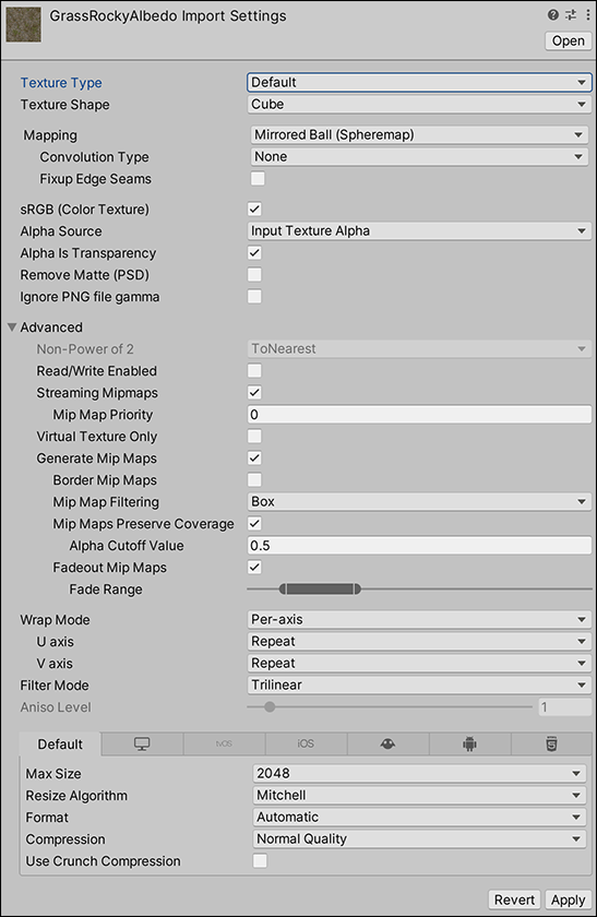 Settings for the Default Texture Type