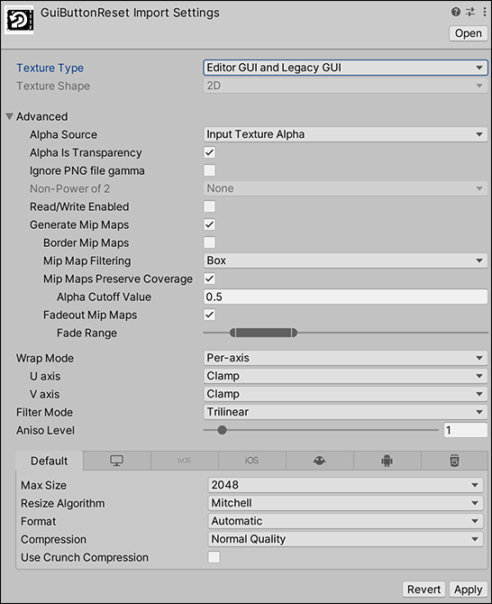 Settings for the Editor GUI and Legacy GUI Texture Type