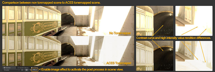 Comparison between non-tonemapped scene and ACES-tonemapped Scene