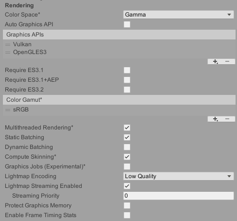 Rendering settings for the Android platform