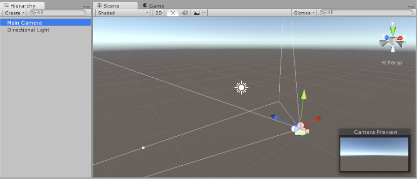 The default Unity sample scene, which contains a Main Camera and a directional Light