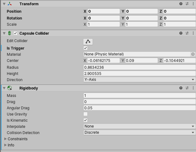 The inspector windows showing a Prefab instance with overridden Is Trigger property and a Rigidbody component added as an override.