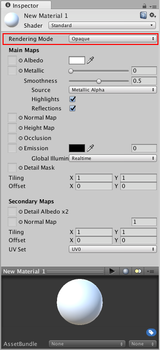 A Standard Shader material with default parameters and no values or textures assigned. The Rendering Mode parameter is highlighted.