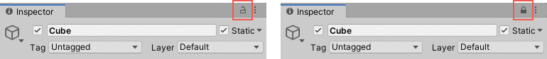 The Inspector lock button in in its unlocked (left) and locked (right) states