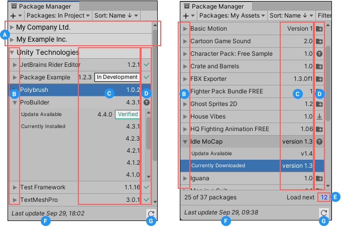 The image on the left displays all packages installed in your project, and the image on the right displays all Asset Store packages