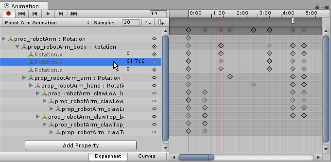 An unfolded property in the Animation View, allowing the keyframe value to be typed in directly. In this image, an interpolated value is shown because the playback head (the red line) is between keyframes. Entering a new value at this point would create a new keyframe.