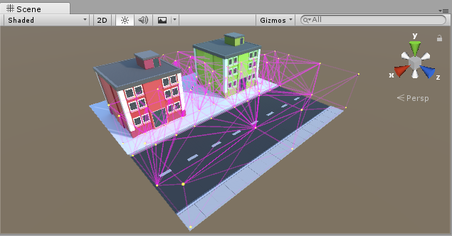 Light probes placed around the static scenery in a simple scene. The light probes are shown as yellow dots. They are shown connected by magenta lines, to visualise the volume that they define.