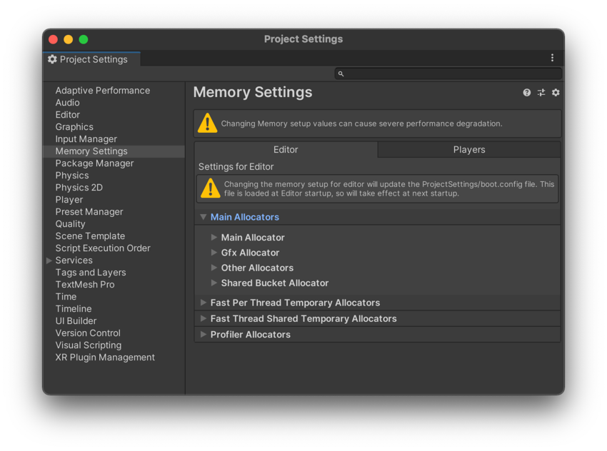 Project Settings > Memory Settings, showing a selection of Player memory settings