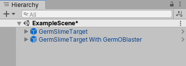 A basic GermSlimeTarget Prefab, and a variant of that Prefab called GermSlimeTarget With GermOBlaster, as viewed in the Hierarchy window.