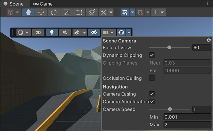 The Camera settings menu in context of the Scene view toolbar