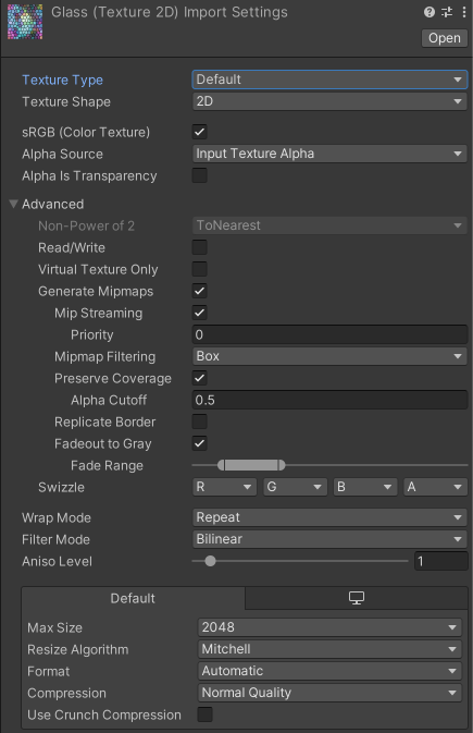 Settings for the Default Texture Type