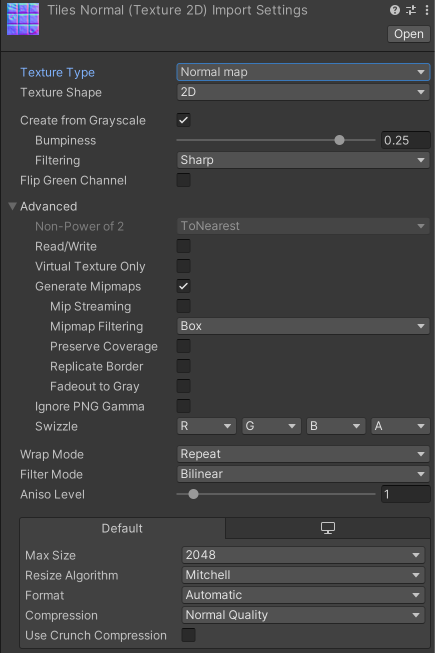 Settings for the Normal map Texture Type