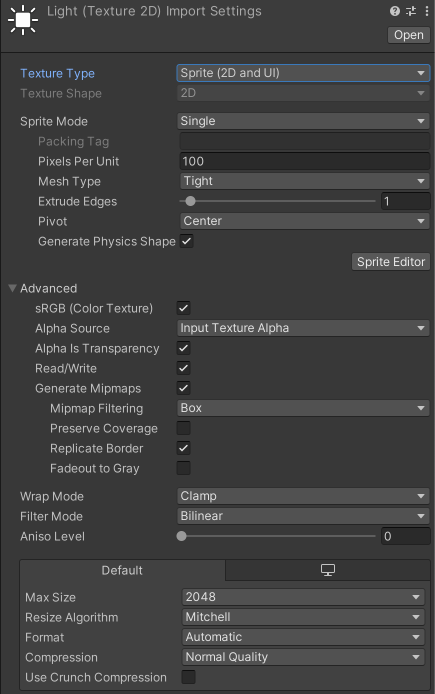 Settings for the Sprite (2D and UI) Texture Type