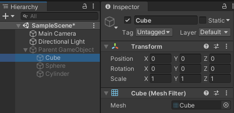 The selected GameObject (Cube) is set as active, but remains inactive until you set its parent GameObject to active.