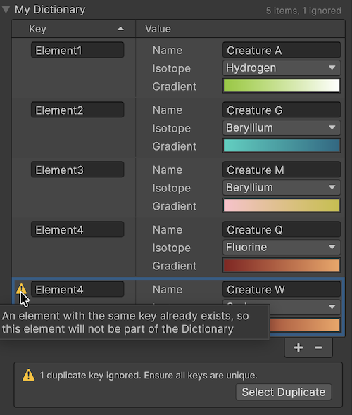 The Inspector displays a dictionary field as a two-column list with the keys on the left and the values on the right.