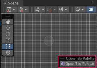 The Open Tile Palette overlay appears in the bottom right of the Scene view.